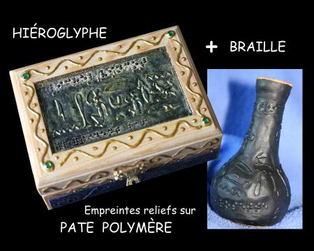 YIEROGLYPHES RELIEFS  FIMO SUR BOITE EN BOIS ET VASE EN TERRE CUITE 